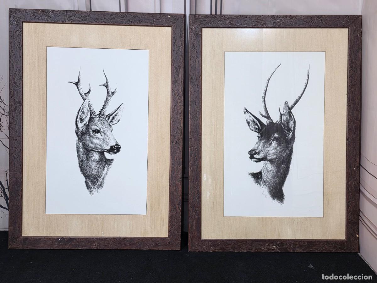 Antig&uuml;edades: Par de cuadros decorativos con ilustraciones de corzos.