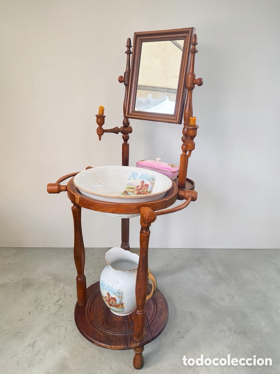 Antiques: Antiguo lavabo de madera con porcelana La Cartuja