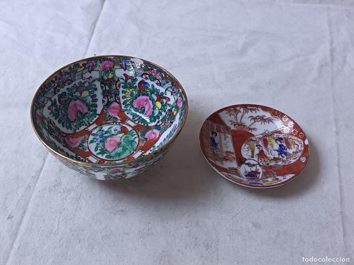 Antiguidades: Lote de dos objetos de porcelana oriental, Jap&oacute;n y Macau, pintados a mano, sellos en base
