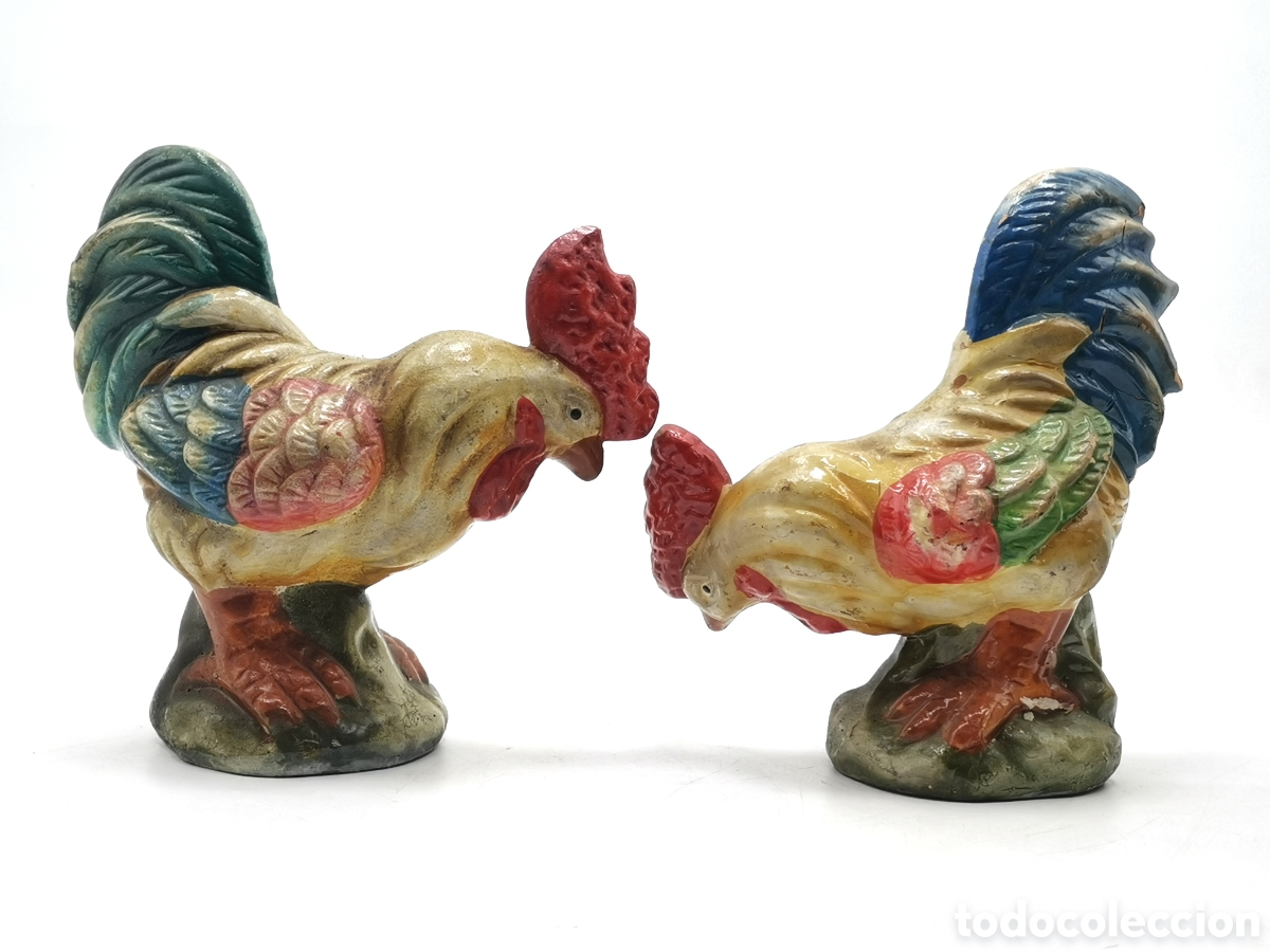 Antiques: BONITA PAREJA DE GALLOS ANTIGUOS DE CER&Aacute;MICA