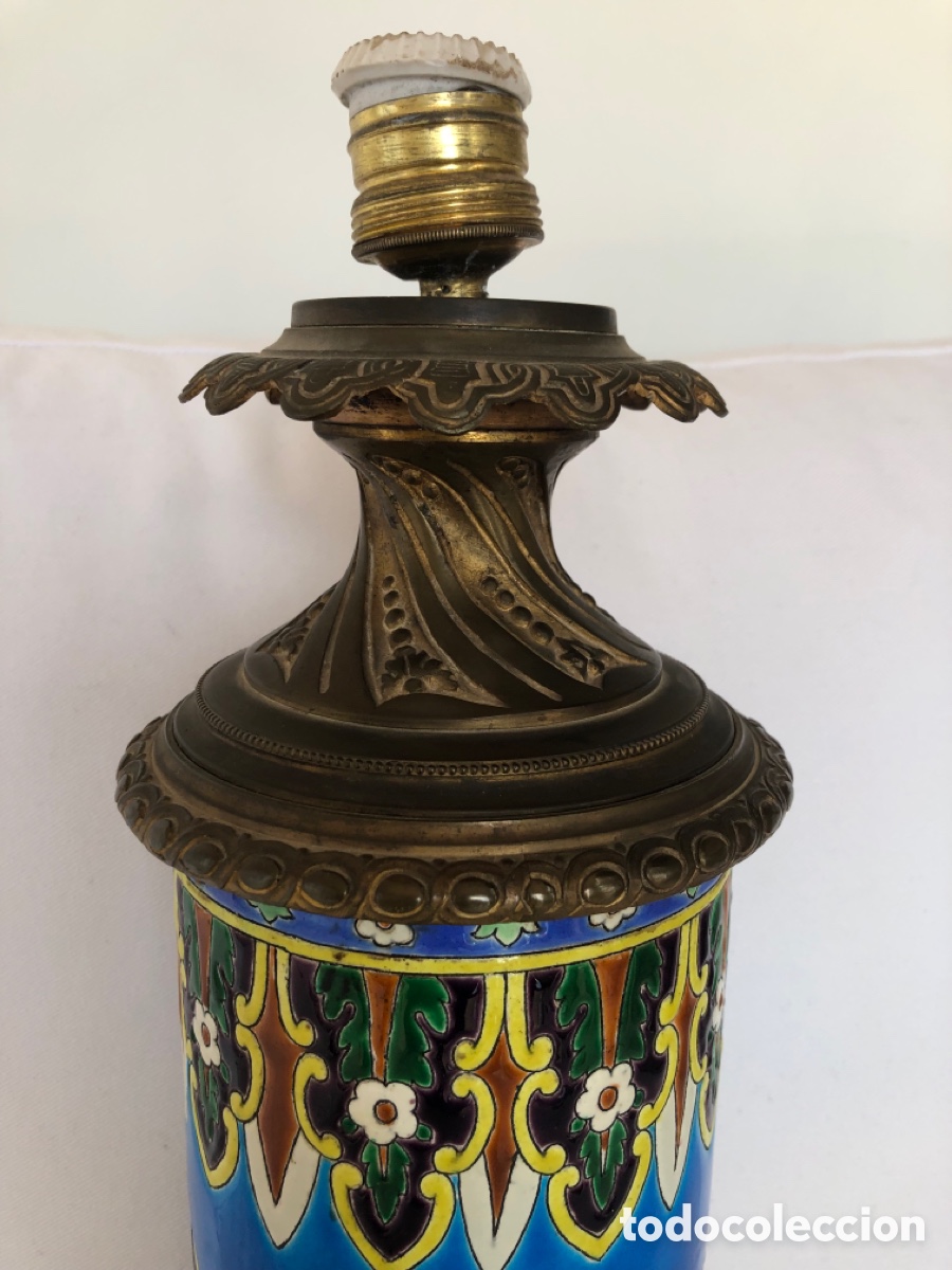 Antig&uuml;edades: Pie de l&aacute;mpara bronce y esmalte. Posible Longwy - Foto 3