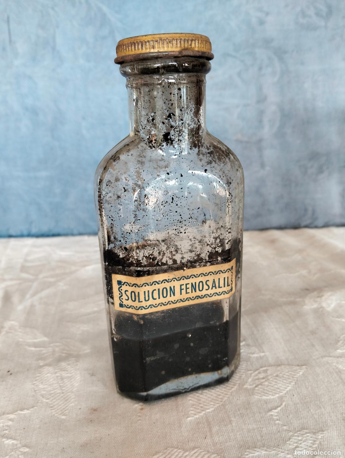 Oggetti Antichi: Bote frasco botella antigua de cristal de farmacia soluci&oacute;n Fenosalil medicamento a&ntilde;os 40-50