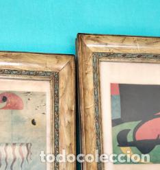 Antiquit&auml;ten: 2 Cuadros marco de madera con molduras y cenefa de color crema y verde con cristal de los a&ntilde;os 30