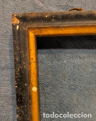 Antiquit&auml;ten: Marco peque&ntilde;o antiguo de madera lacado color negro y filo pan de oro S.XIX 13,5 x 9 cm aprox
