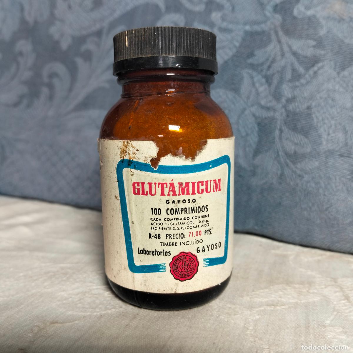 Antiquit&auml;ten: Bote frasco de cristal antiguo tap&oacute;n negro farmacia medicamento glutamicum gayoso 100 comprimidos