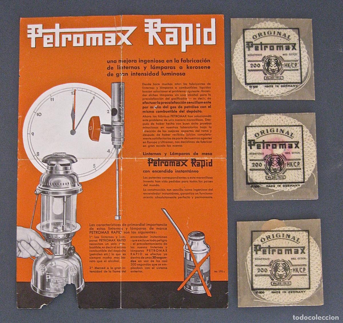Antig&uuml;edades: ** PETROMAX RAPID ** FOLLETO + 3 REPUESTOS ORIGINALES PRECINTADOS