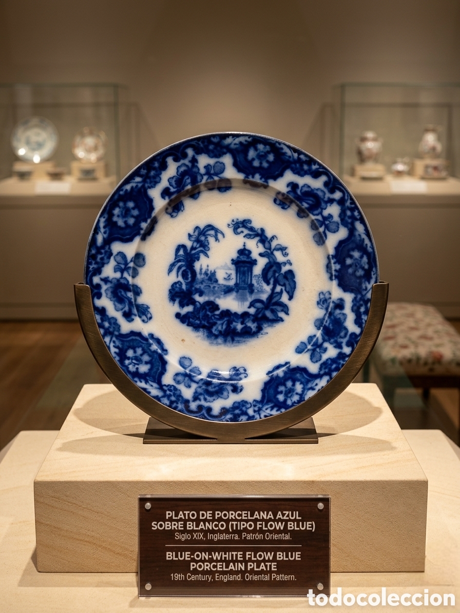 Antig&uuml;edades: Plato de porcelana inglesa &rdquo;Flow Blue&rdquo; del siglo XIX, caracterizado por su dise&ntilde;o &rdquo;ori
