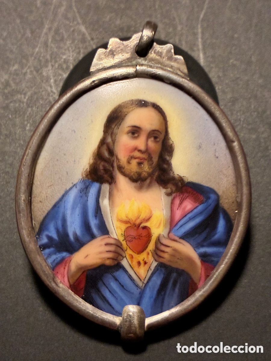 Antiguidades: Medalla religiosa - placa devocional - Sagrado Coraz&oacute;n - plata y porcelana