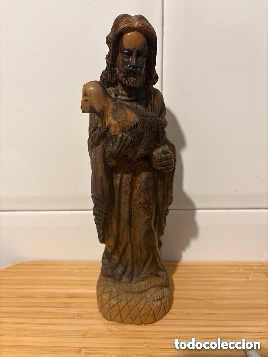 Antiguidades: Antigua talla religiosa de madera de olivo, Buen Pastor (A15)