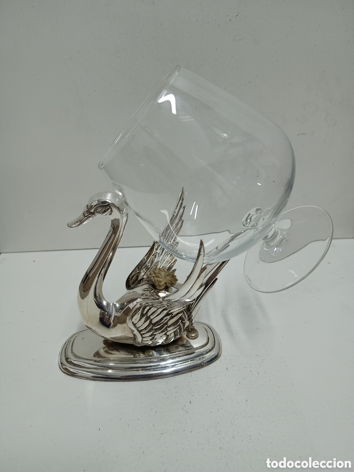 Antiquit&eacute;s: CALIENTA COPAS DE CO&Ntilde;AC - FORMA DE CISNE Y COPA DE CRISTAL - ALPACA