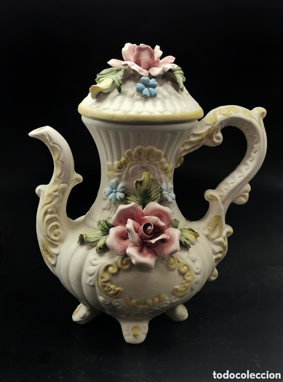 Antiquit&auml;ten: TETERA ANTIGUA DE CER&Aacute;MICA CAPODIMONTE CON DISE&Ntilde;O FLORAL MUY DETALLADO