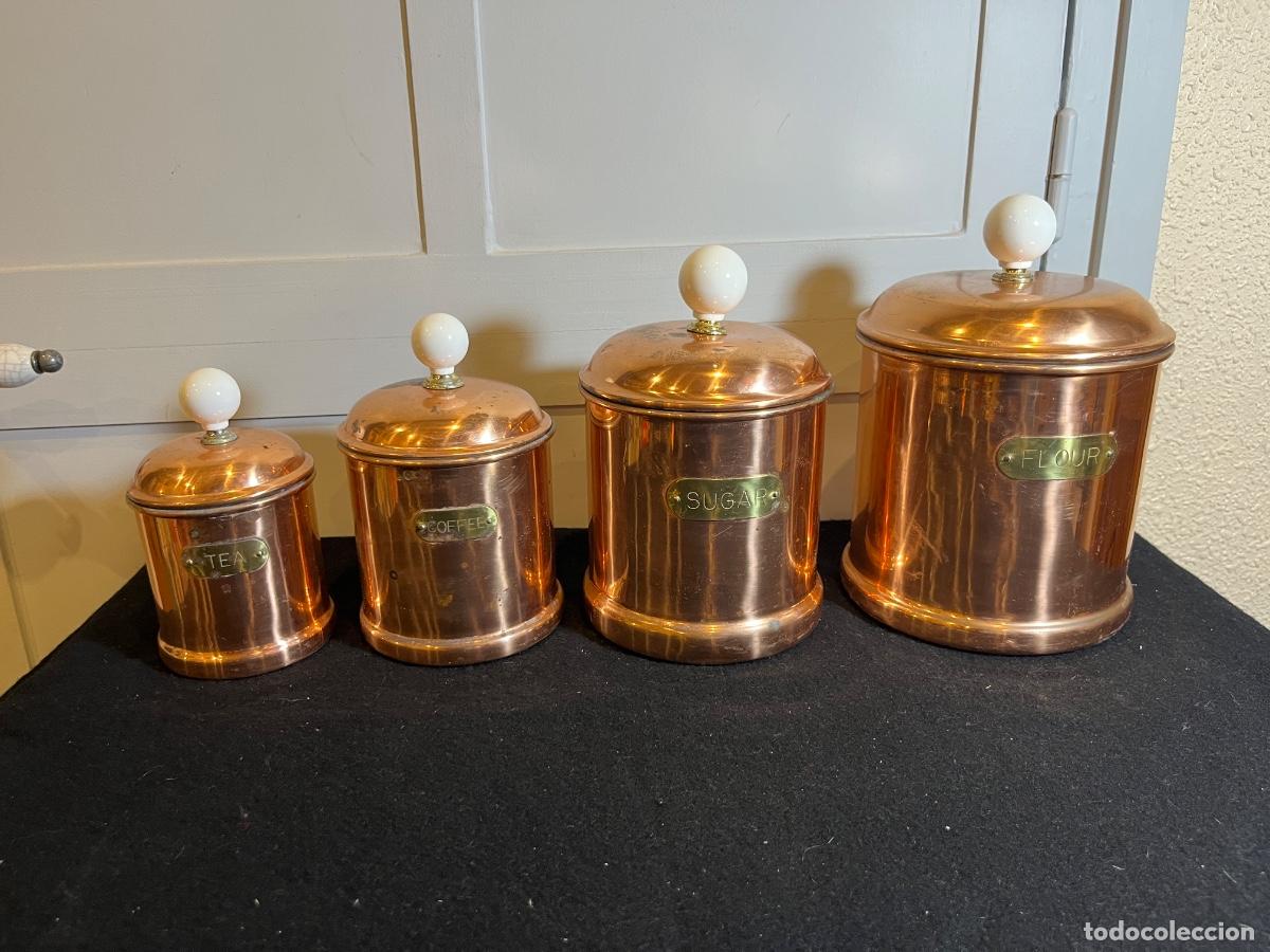 Antiques: Juego 4 botes cocina cobre vintage El Corte Ingl&eacute;s Made Korea a&ntilde;os 70 t&eacute; caf&eacute; az&uacute;car harina rustico