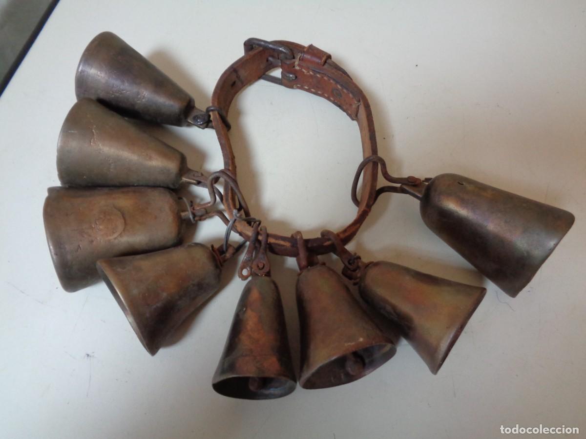 Antig&uuml;edades: collar de cuero con 8 campanas bronce siglo XVIII algunas con marcas