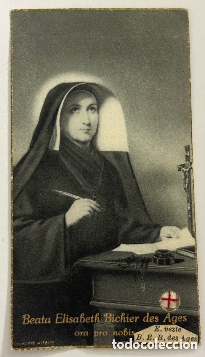 Antiques: DE COLECCI&Oacute;N. 1934 ESTAMPA RELIGIOSA CON RELIQUIA DE SANTA ELIZABETH BICHIER Y APROB. ECLESI&Aacute;STICA