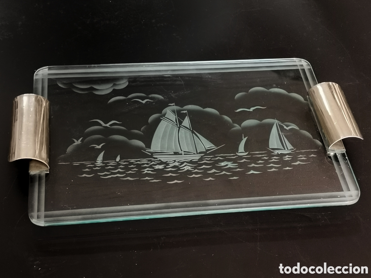 Antiguidades: BANDEJA DE CRISTAL VINTAGE DECORADA CON BARCOS ESMERILADOS