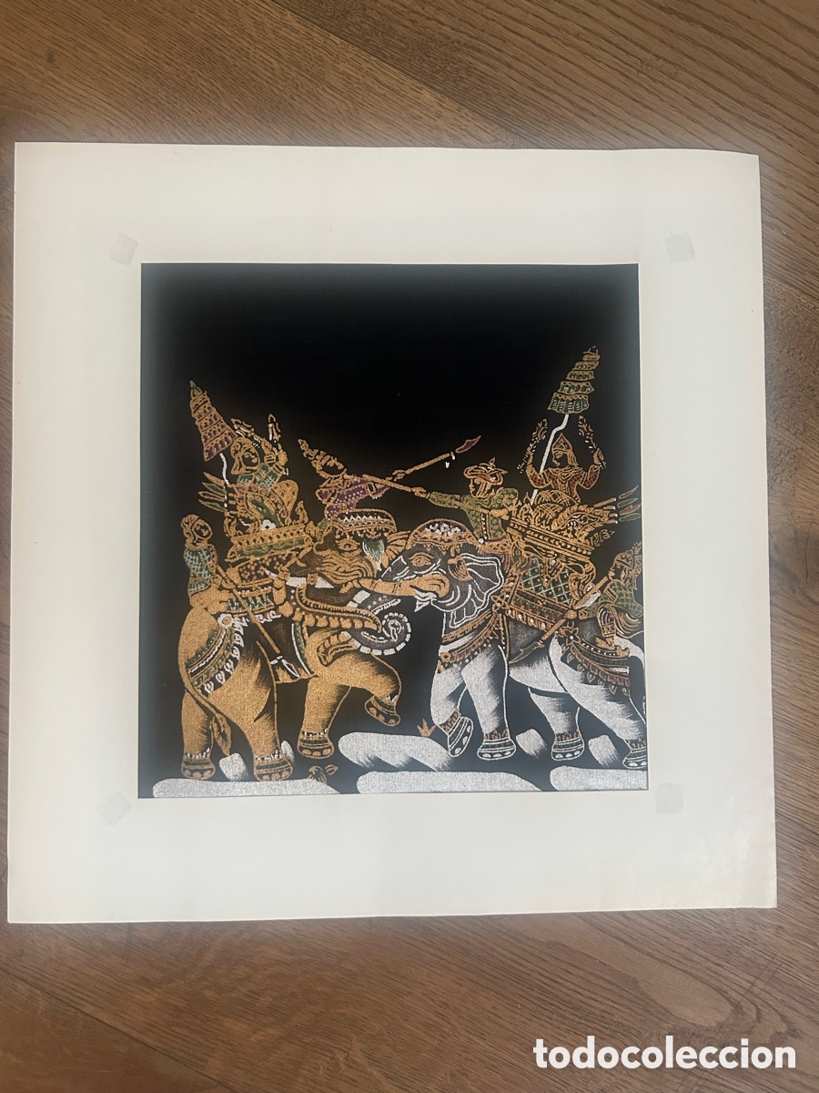 Antig&uuml;edades: Pintura Tradicional Tailandesa s/ Tela Negra - Batalla de Elefantes Yuthahatthi
