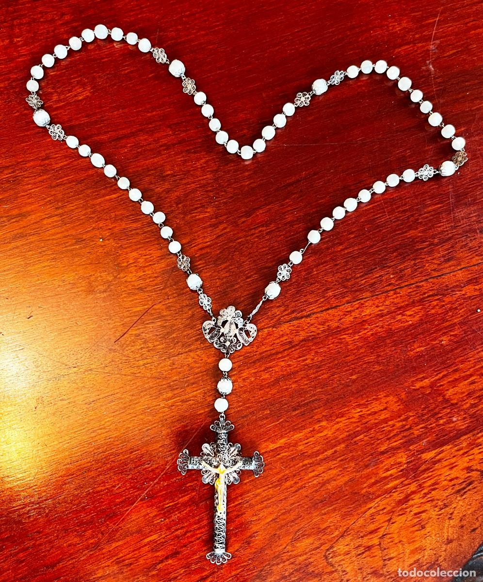 Antig&uuml;edades: Excepcional Rosario con Crucifijo, N&aacute;car y Filigrana de plata,siglo XIX, este rosario es muy grande