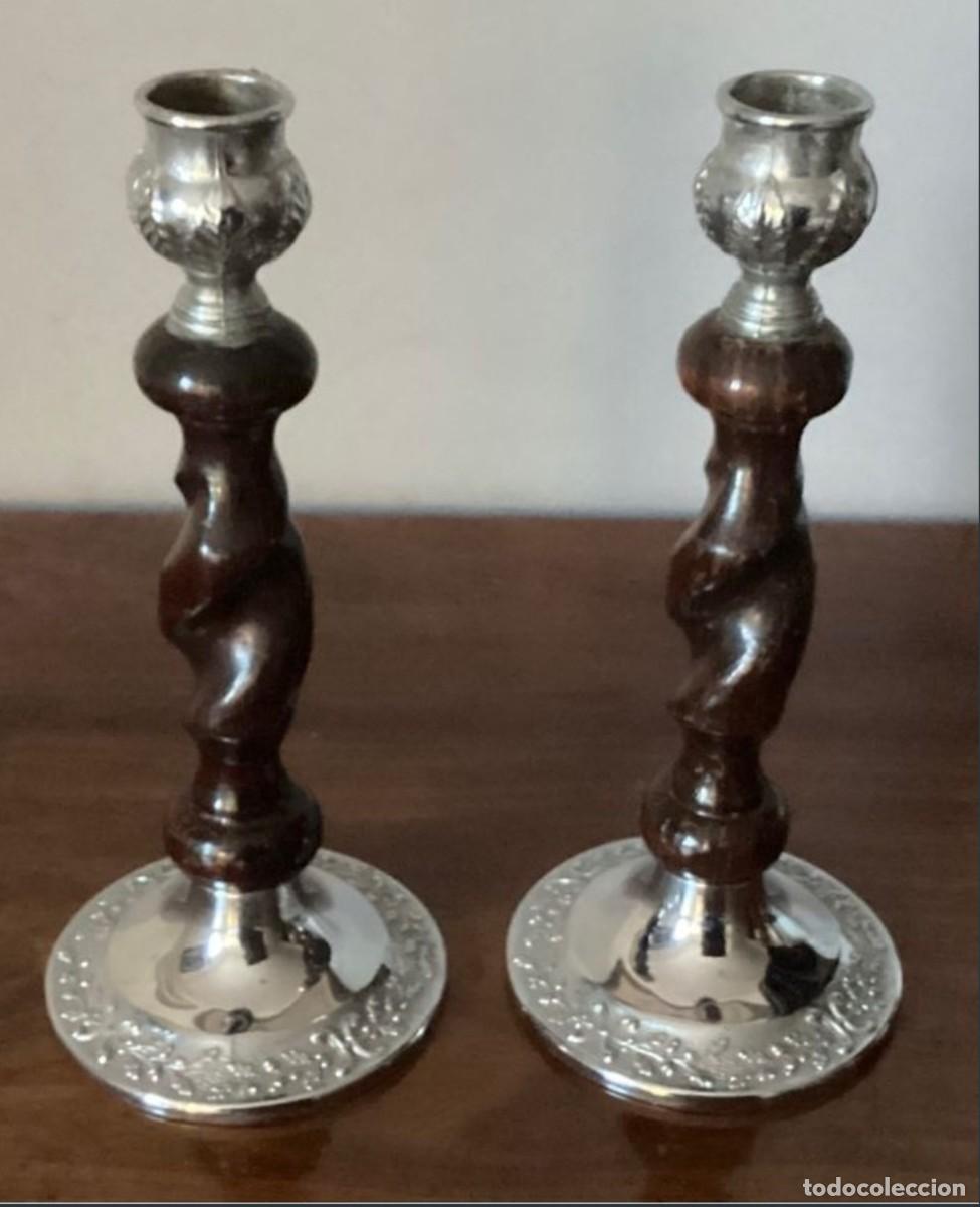Antig&uuml;edades: Pareja de candelabros madera torneada y metal a&ntilde;os 30