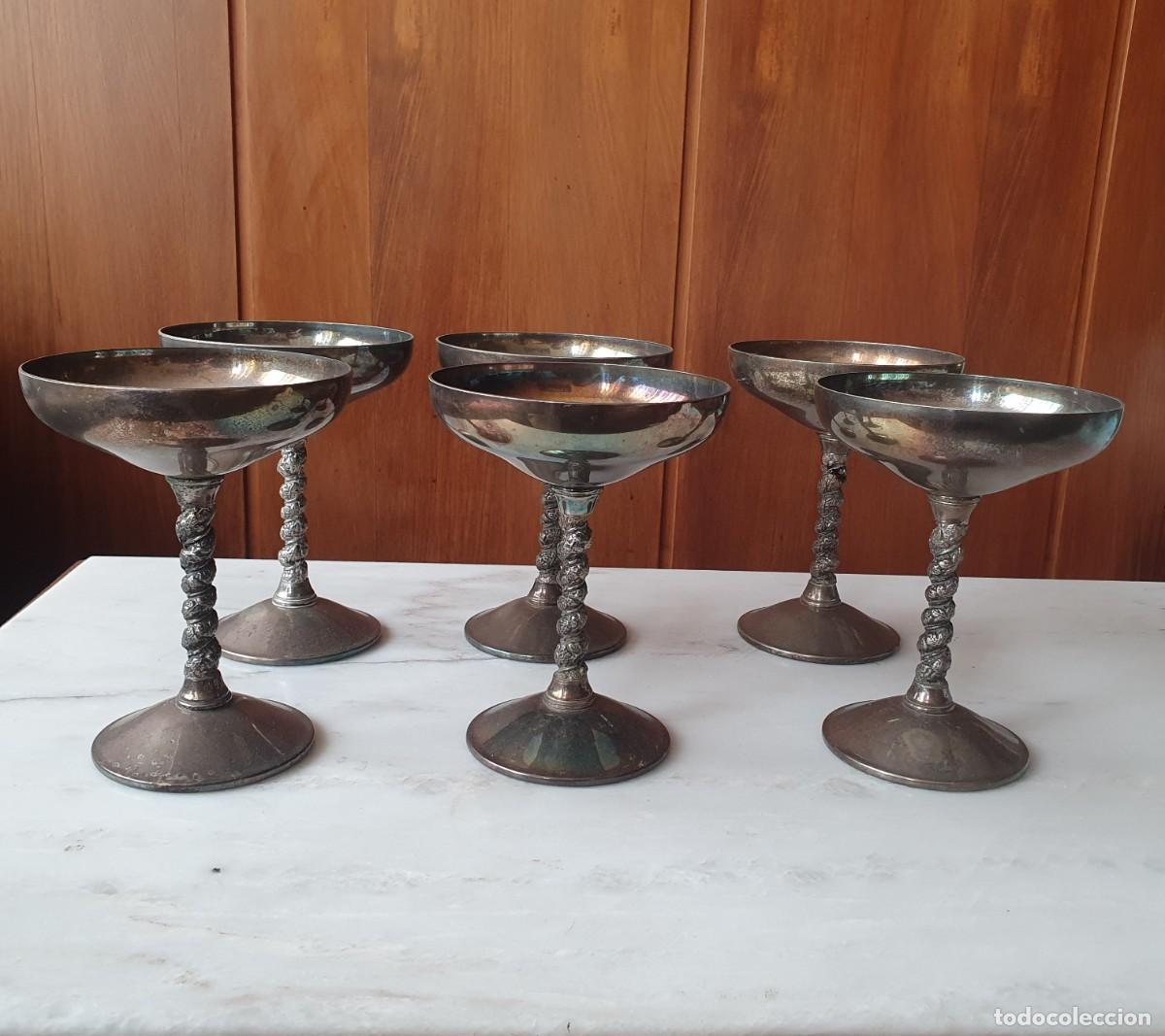 Antig&uuml;edades: Juego 6 Copas Cava/Champ&aacute;n /Helado Valero (Silver Plated)&ndash;Tallo Salom&oacute;nico relieve boda &ndash; 1965