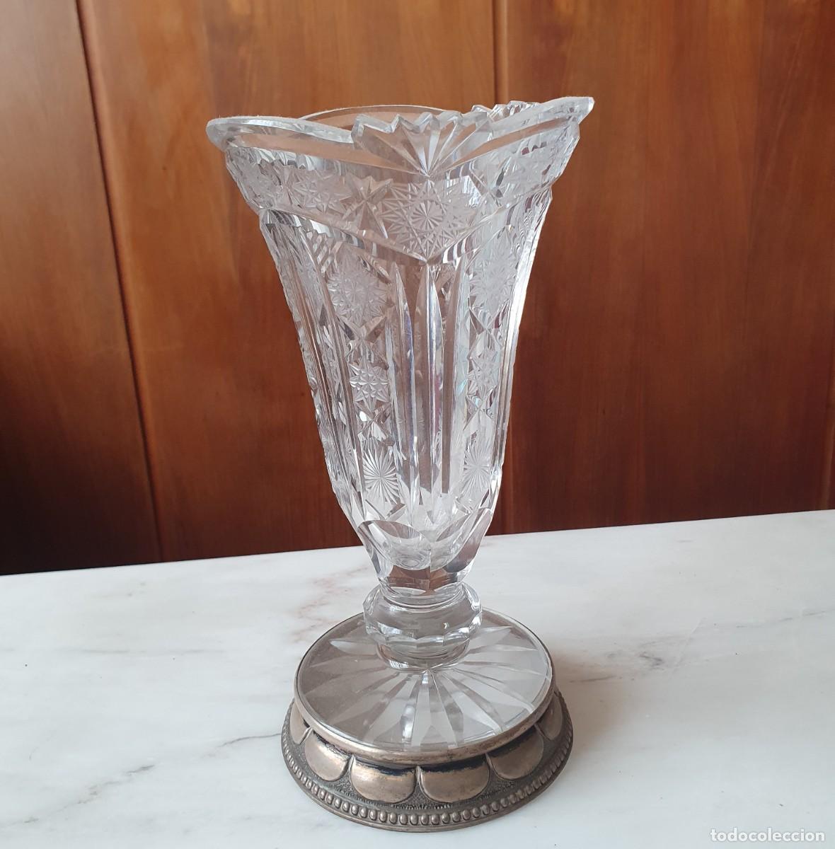 Antig&uuml;edades: Circa1930-Antiguo Jarr&oacute;n Florero Art D&eacute;co Cristal Tallado al Plomo Base de Alpaca Plateada