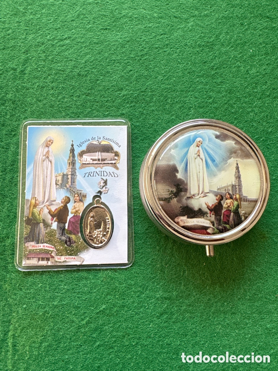 Antig&uuml;edades: Medalla y pastillero religioso, Virgen de F&aacute;tima, Sant&iacute;sima Trinidad (A15)