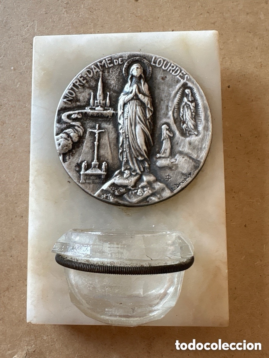 Antiques: Benditera francesa con medall&oacute;n plata o ba&ntilde;o, Nuestra Se&ntilde;ora de Lourdes (A22)