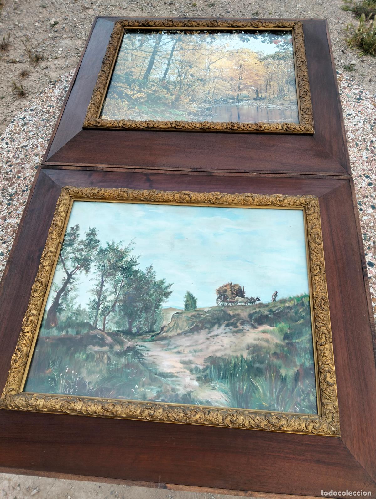Antiquit&auml;ten: Pareja antiguos marcos de madera moldura color dorada finales S.XIX oleo y l&aacute;mina 81,5 x 71 cm aprx.