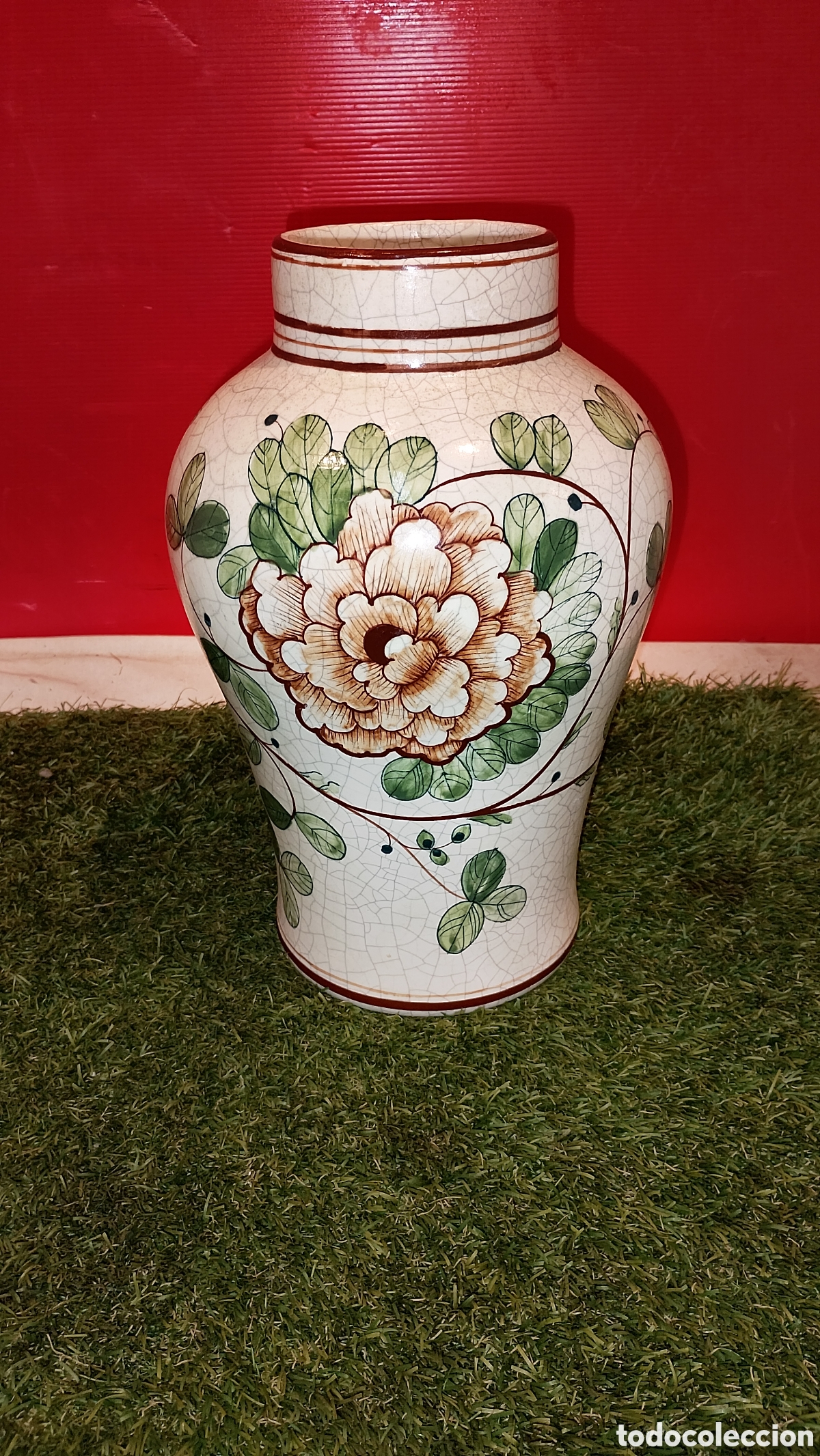 Antig&uuml;edades: Jarr&oacute;n Cer&aacute;mica Manises Flor Grande Beige