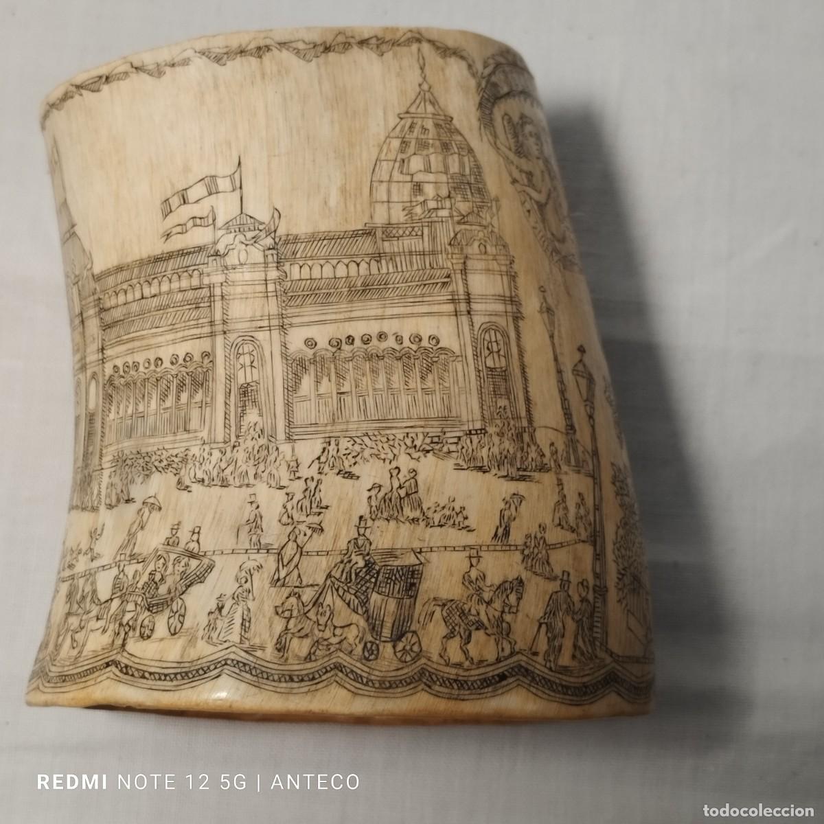 Antig&uuml;edades: RARO CUERNO GRABADO (SCRIMSHAW) DE LA EXPOSICI&Oacute;N UNIVERSAL DE PAR&Iacute;S 1889