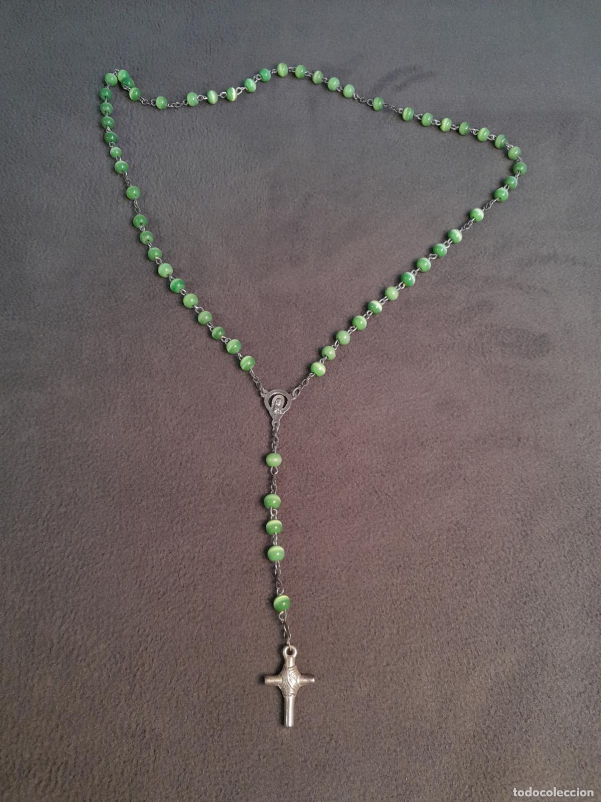 Antiques: R-461.ROSARIO CON CUENTAS DE VIDRIO OJO DE GATO,MEDALLA DE LA VIRGEN Y CRUCIFIJO DE METAL. SIGLO XX.