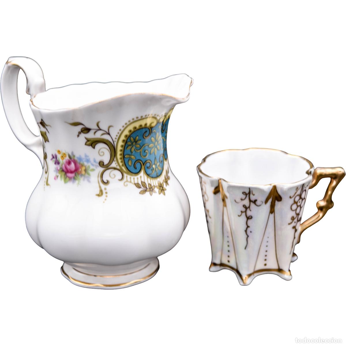 Antiquit&eacute;s: Taza y jarra de porcelana inglesa