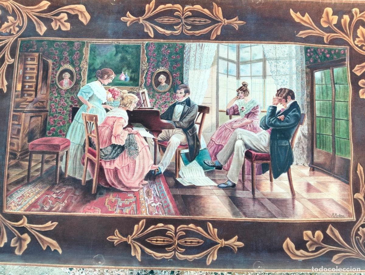 Oggetti Antichi: Antiguo tapiz pintado escena musical victoriana Elizabeth piano de pared cuadro firmado M Montaner