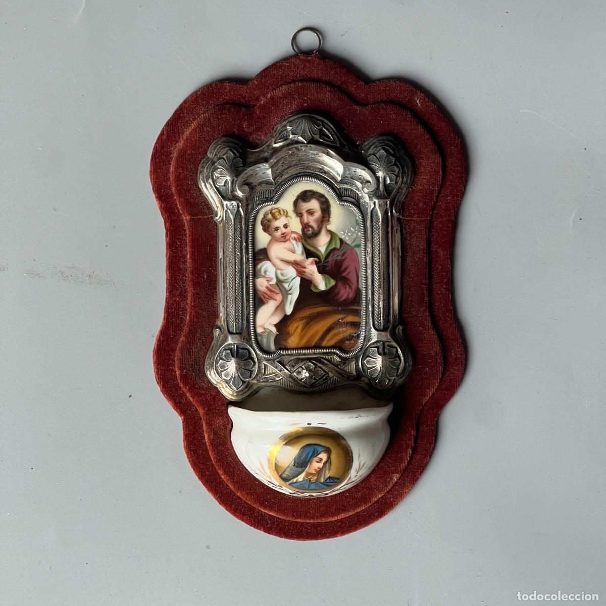 Antiques: Antigua benditera en plata y porcelana pintada a mano. SXIX
