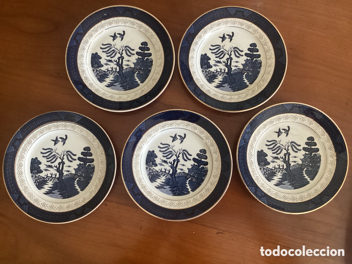 Antig&uuml;edades: Cinco platos de postre, azules Marca Double Phoenix Nikko Ironstone Japan