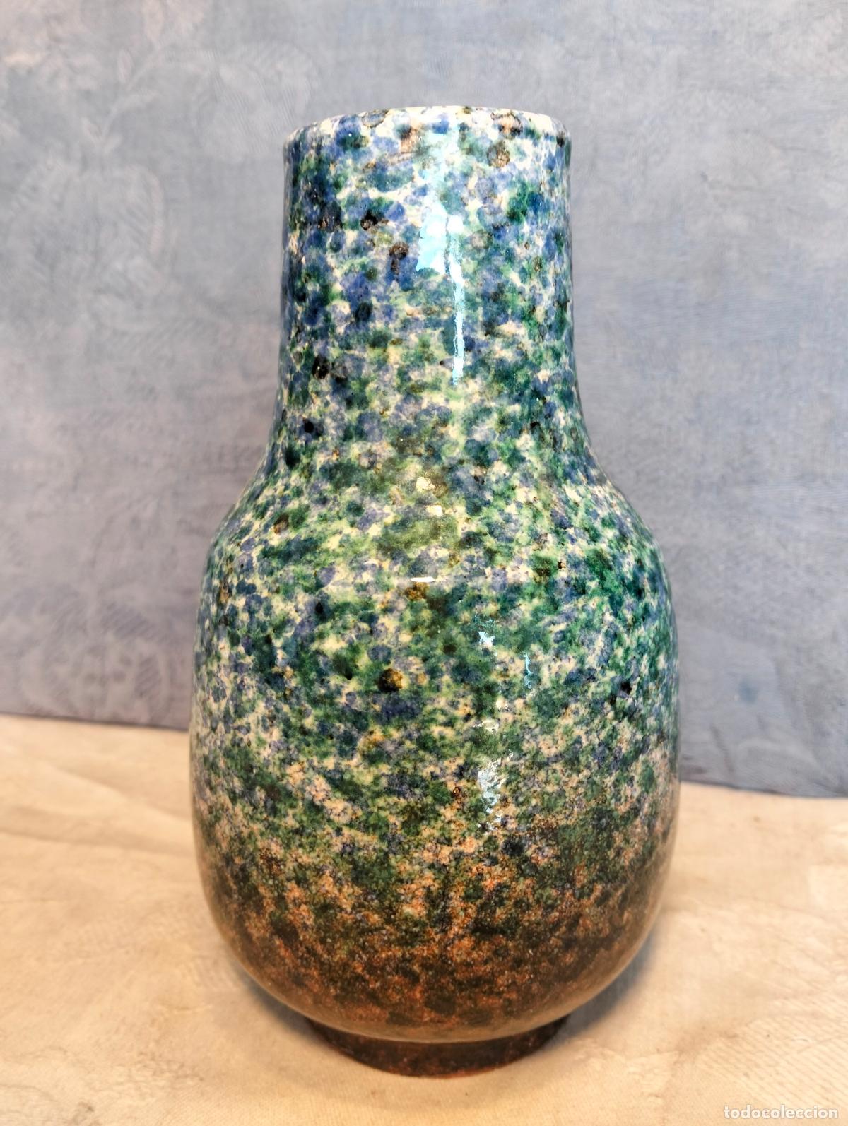 Oggetti Antichi: Jarr&oacute;n florero tarro bote de cer&aacute;mica pintada a mano azul cobalto verde blanco abstracto a&ntilde;os 80