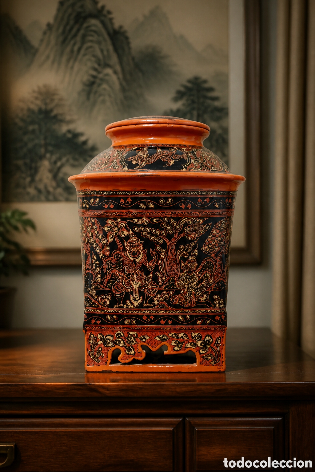 Antiguidades: ANTIGUO Y RARO TIBOR BAMBU LACADO CHINA. 27 CM DE ALTO