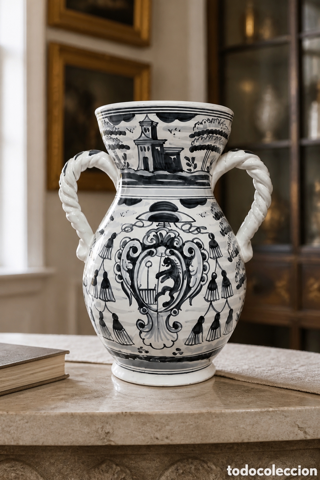 Antig&uuml;edades: JARRA GRANDE DE DOS ASAS EN CERAMICA PINTADA Y VIDRIADA , MONASTERIO EL ESCORIAL 37CM. NUMERADA.