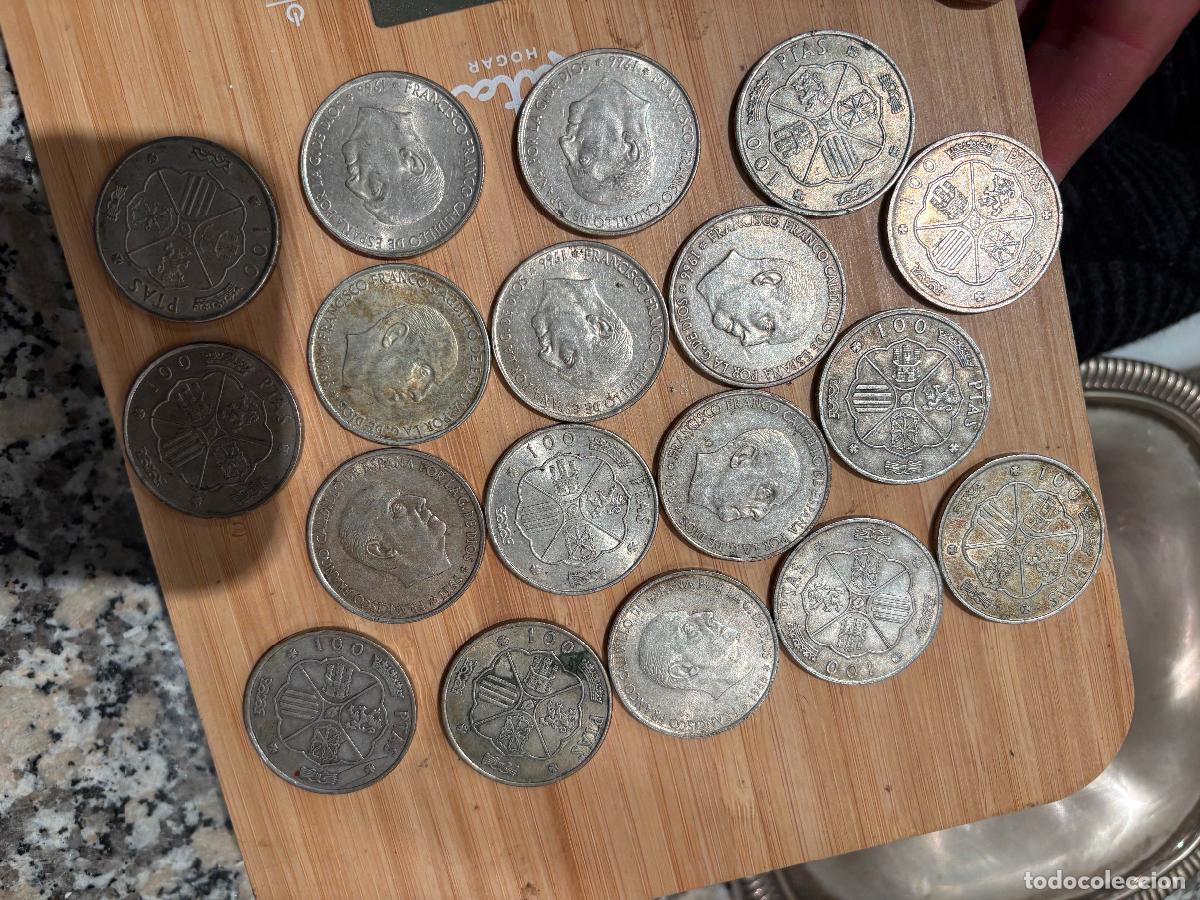 Antig&uuml;edades: 18 monedas de plata franco 100 pesetas 273,6 g plata pura de 342 g de peso de las monedas