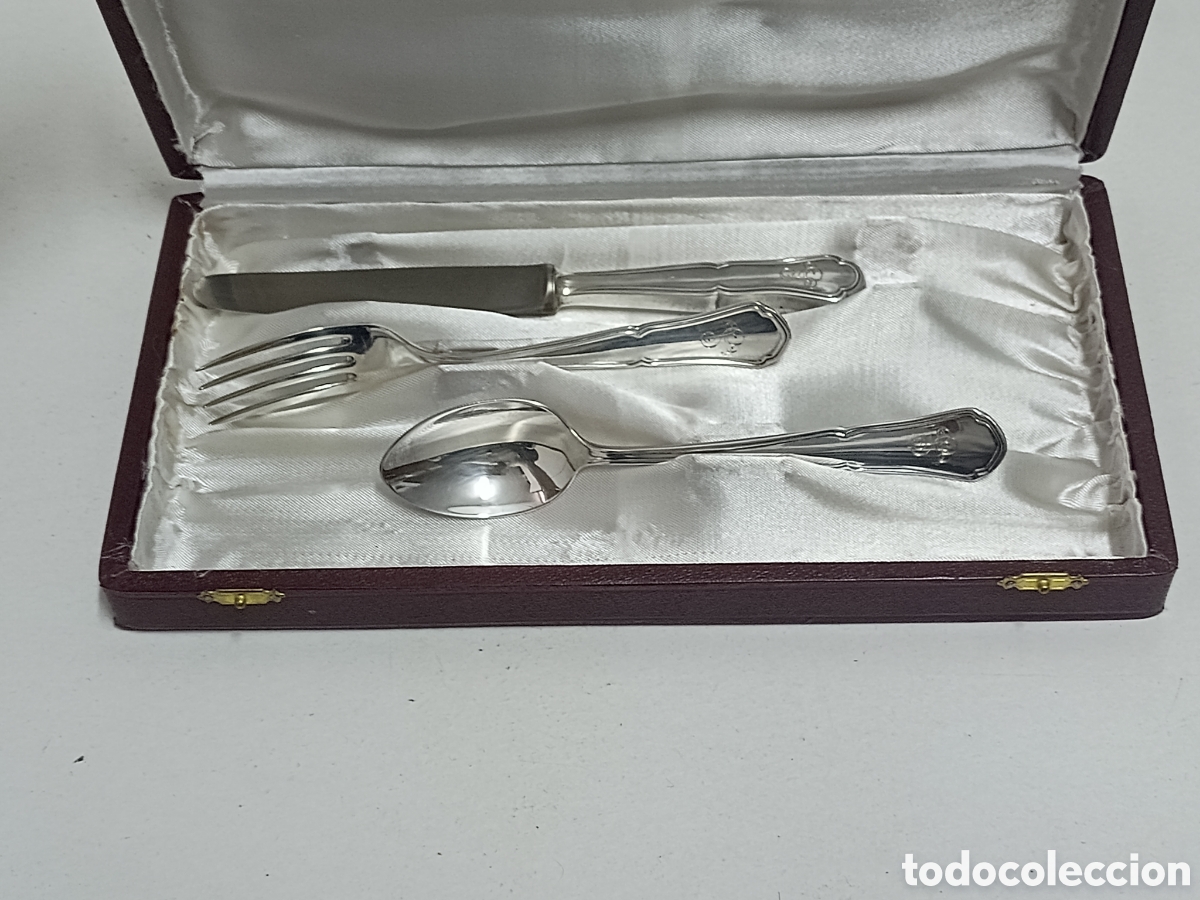 Antig&uuml;edades: CUCHARA, TENEDOR Y CUCHILLO DE PLATA - CRUZ DE MALTA 96 - EN SU CAJA ORIGINAL