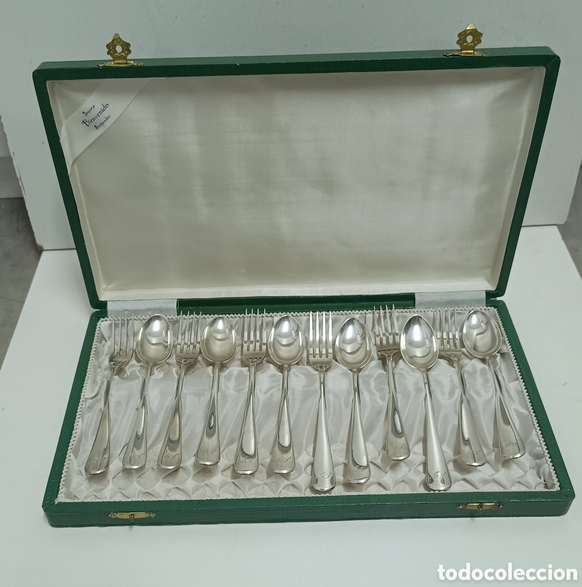 Antig&uuml;edades: 6 CUCHARAS Y TENEDORES DE PLATA EN SU CAJA ORIGINAL - 15,5cm - 382gr
