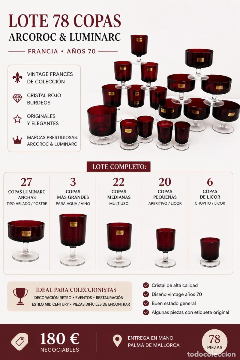 Antig&uuml;edades: LOTE DE 78 COPAS VINTAGE ARCOROC Y LUMINARC &ndash; FRANCIA &ndash; A&Ntilde;OS 70 &ndash; CRISTAL ROJO BURDEOS