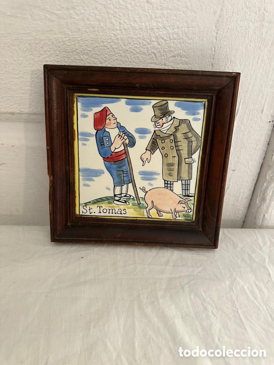 Antiquit&eacute;s: azulejo catal&aacute;n policromado &ldquo;St. Tomas&rdquo; enmarcado &ndash; Cer&aacute;mica popular catalana &ndash; Manuel Pastor
