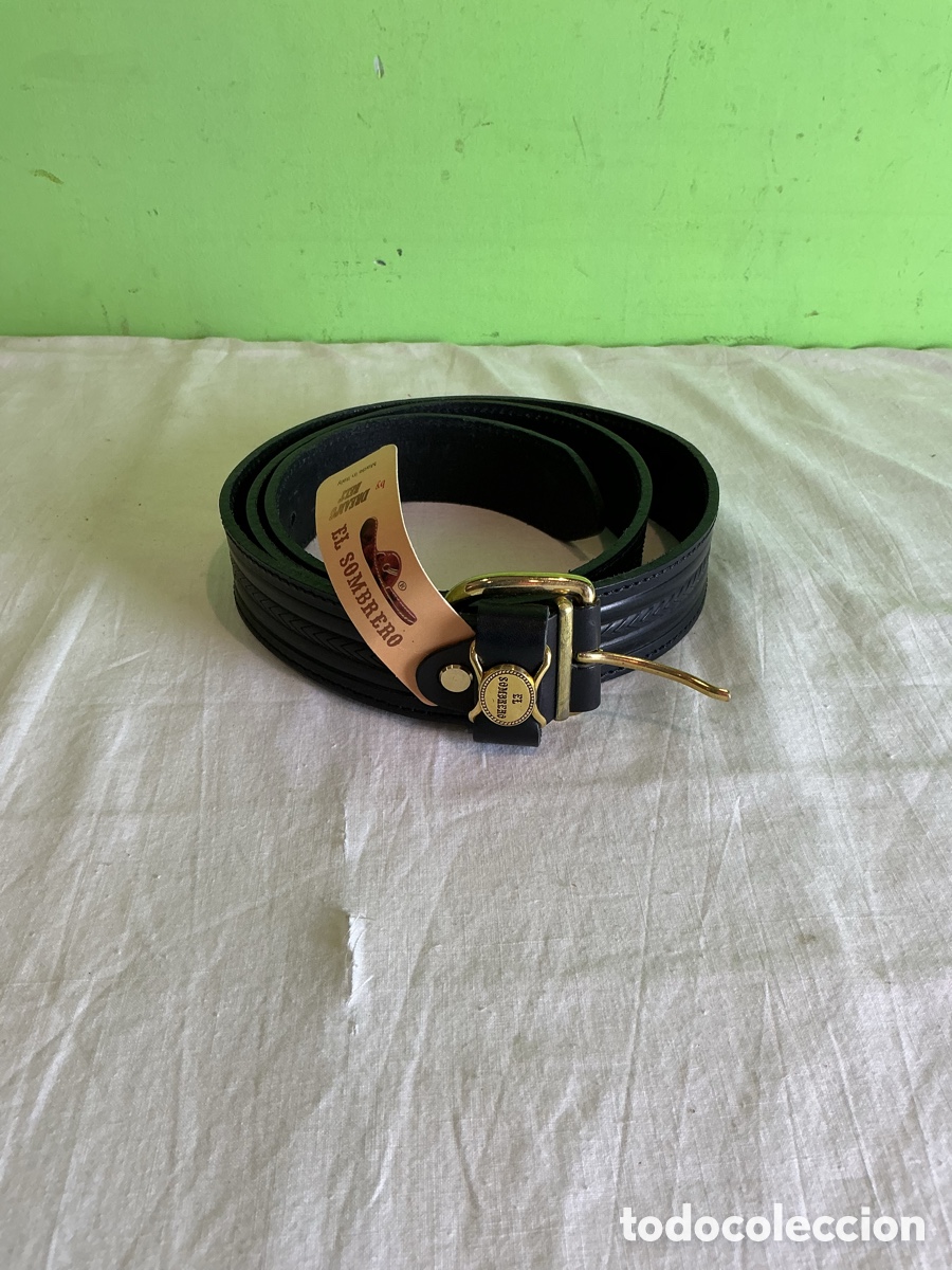 Antiguidades: Cintur&oacute;n vintage El Sombrero cuero negro nuevo con etiqueta &ndash; hebilla dorada