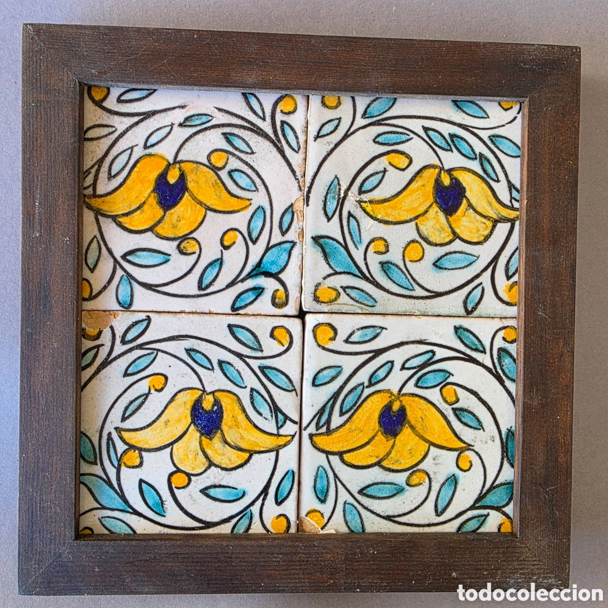 Antig&uuml;edades: Lote de 4 Azulejos Antiguos de Muestra - Cer&aacute;mica Catalana / Valenciana S. XIX - Enmarcados (10x10 c