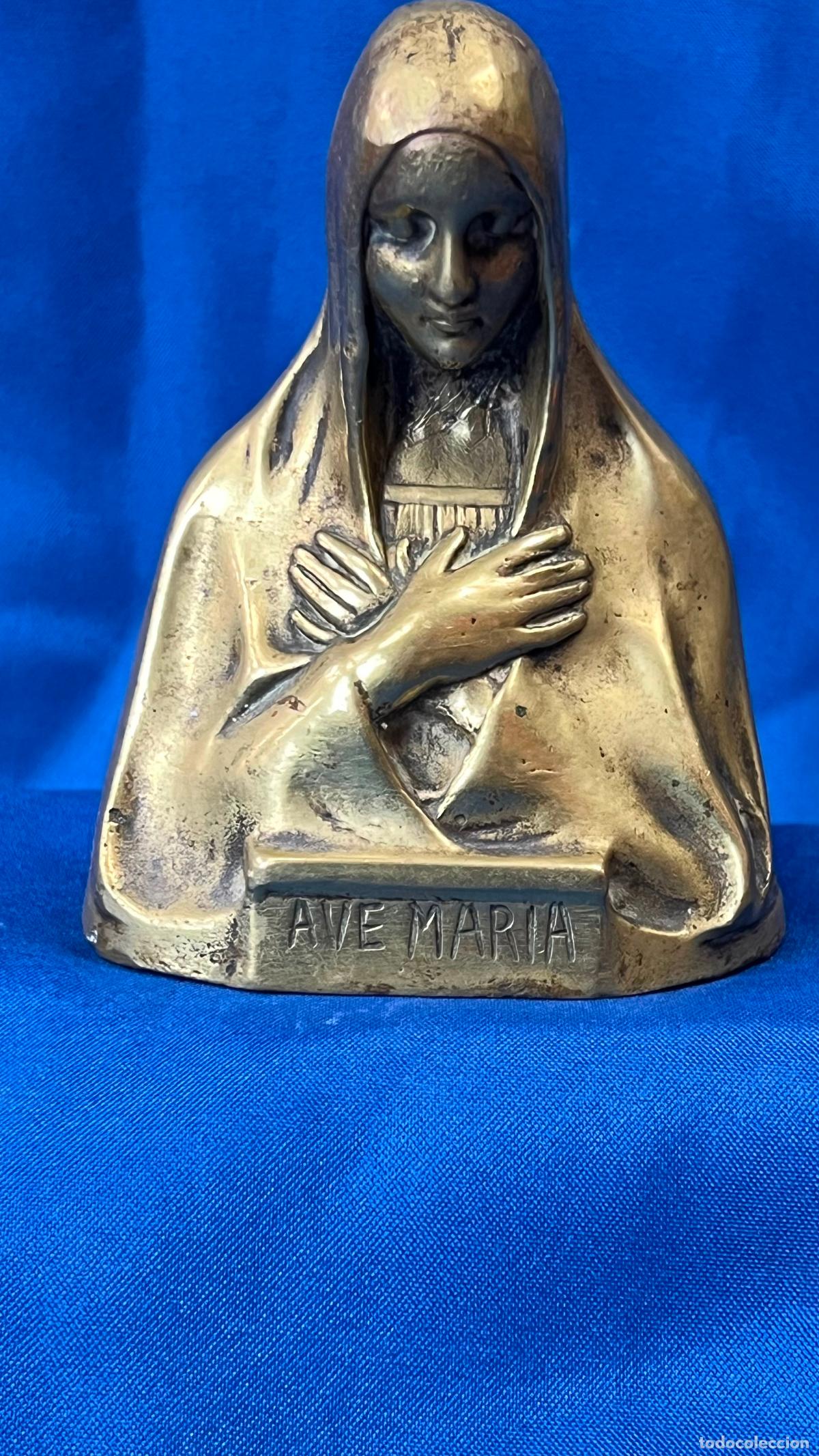 Oggetti Antichi: Antiguo Busto de la Virgen Mar&iacute;a en Bronce o Lat&oacute;n Macizo. Escultura Religiosa Vintage. Ave Mar&iacute;a