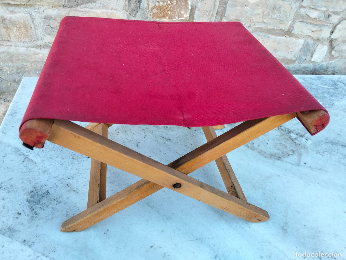 Antig&uuml;edades: Taburete silla de madera plegable con tela gruesa antiguo pescador o exteriores de los a&ntilde;os 40-50