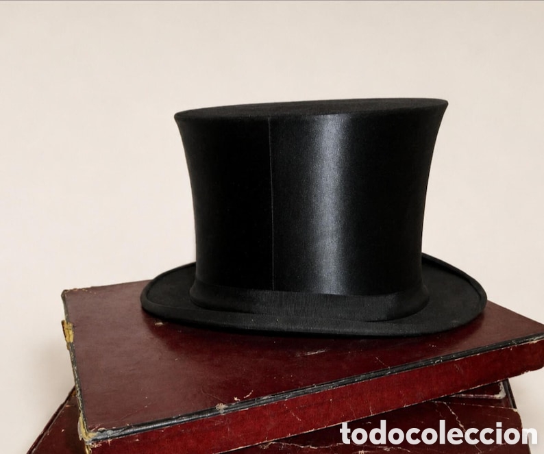 Antig&uuml;edades: Chistera plegable antigua de seda negra / Sombrero de copa &oacute;pera marca Elegant en sombrerera Talla L