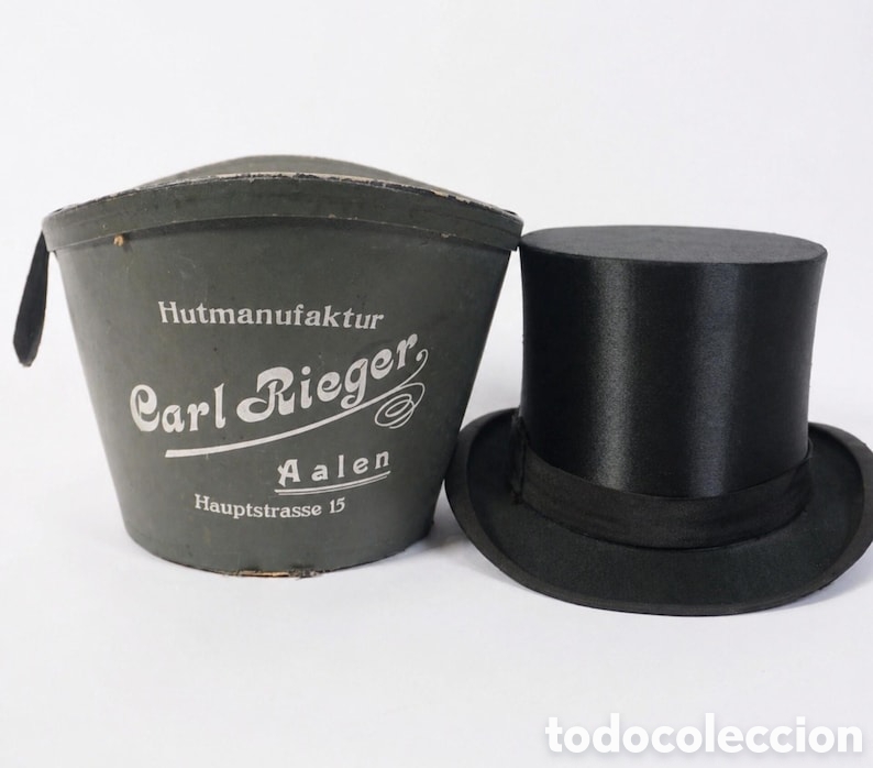Antig&uuml;edades: Chistera Antigua Carl Rieger con sombrerera Original &ndash; Sombrero de Copa Alem&aacute;n plegable seda