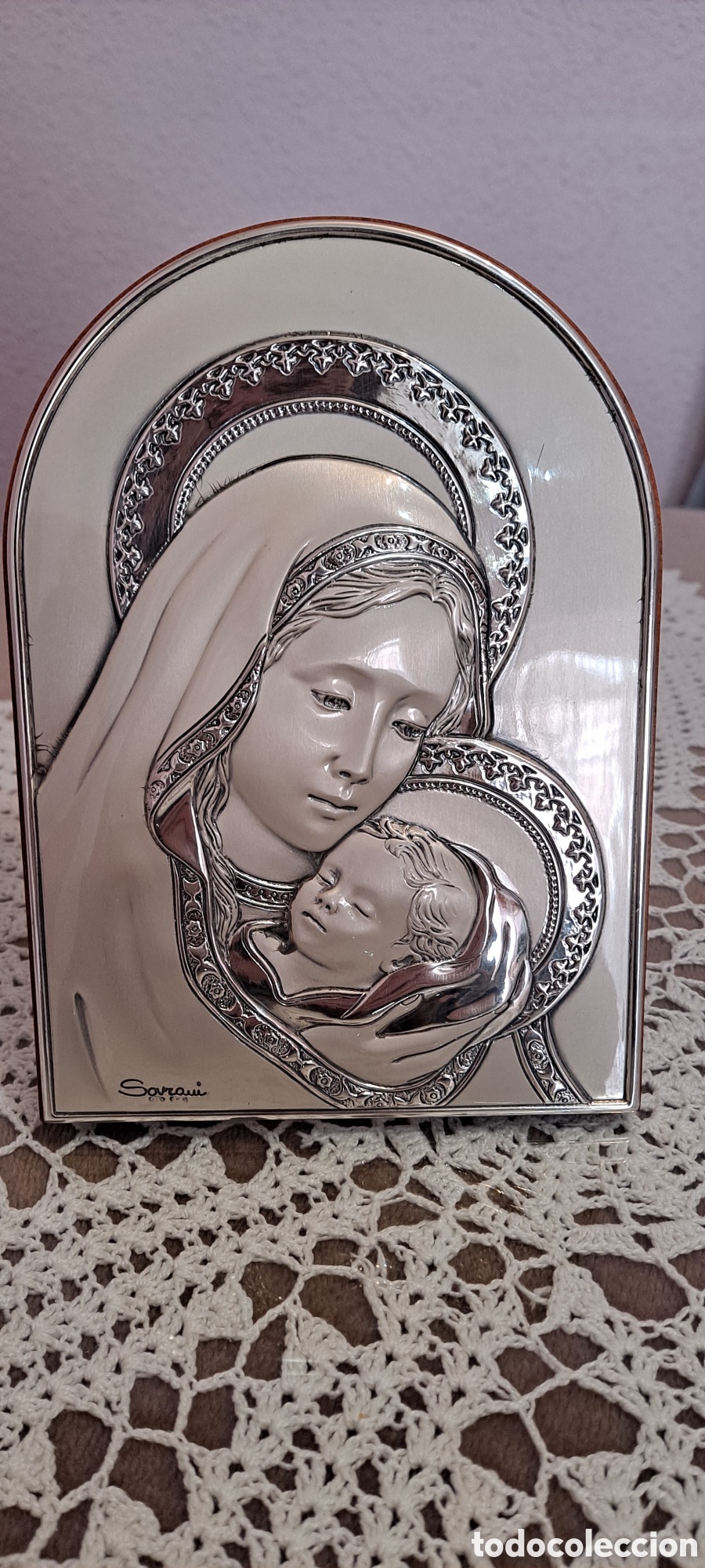 Antiques: ICONO RELOGIOSO, VIRGEN CON NI&Ntilde;O,PLATA Y MADERA, SOVRANI, SELLO Y CONTRATES.