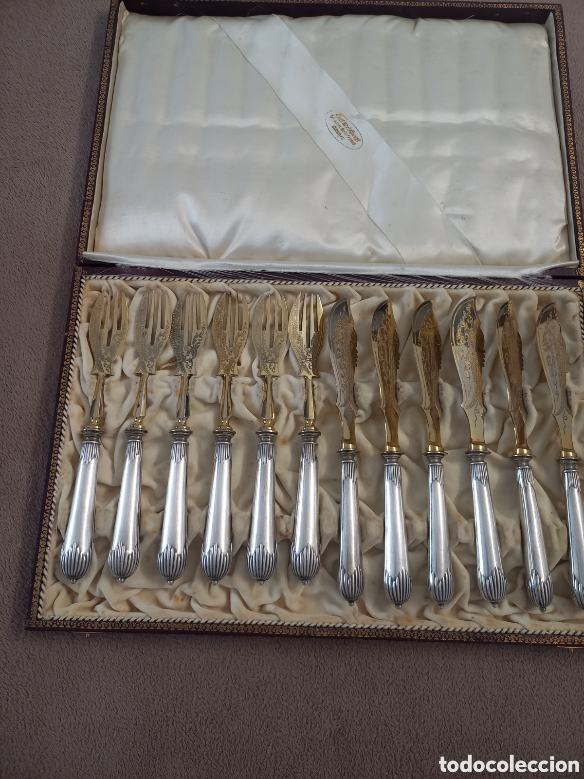Antig&uuml;edades: Set Antiguo de Cubiertos para Pescado 1892 - Carl Weishaupt M&uuml;nchen - Plata 800 y Oro (12 pers)